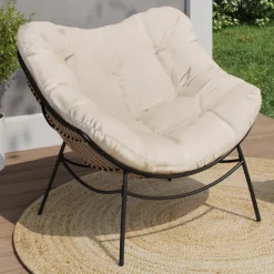 Fauteuil de jardin relax avec coussin écru effet rotin