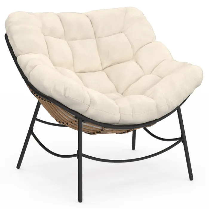 Fauteuil de jardin relax avec coussin écru effet rotin