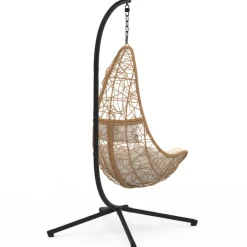 Fauteuil demi-lune suspendu ajouré effet rotin avec coussin écru