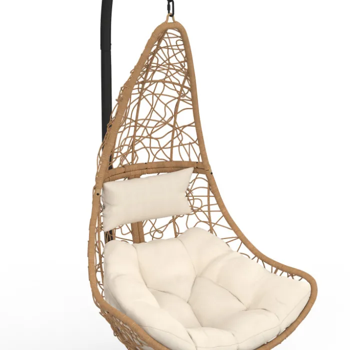 Fauteuil demi-lune suspendu ajouré effet rotin avec coussin écru