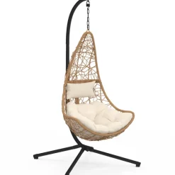 Fauteuil demi-lune suspendu ajouré effet rotin avec coussin écru