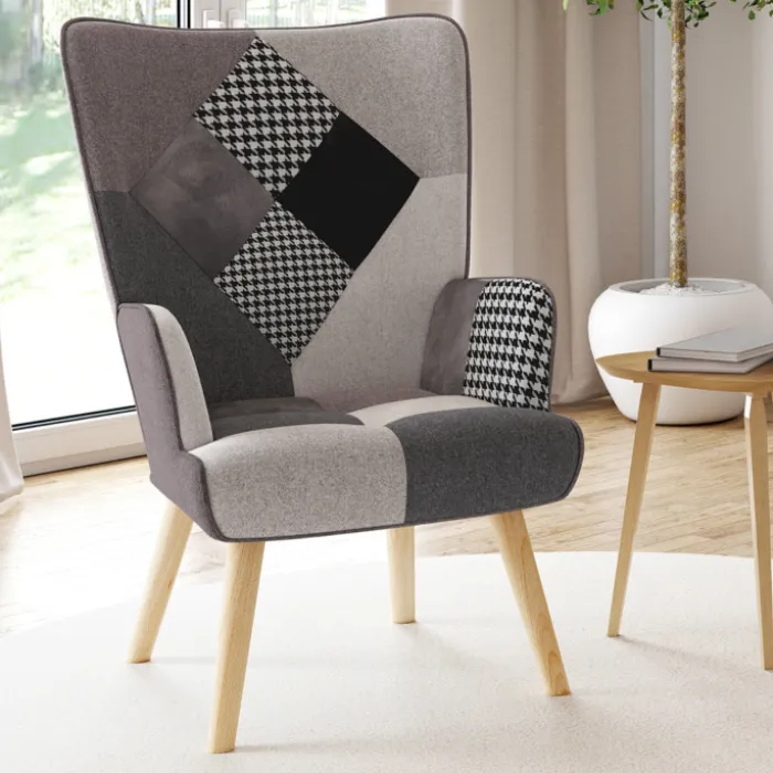 Fauteuil en tissu gris, blanc et noir style scandinave
