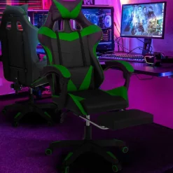 Fauteuil gamer réglable et inclinable avec repose pied et coussins noir et vert