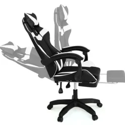 Fauteuil gamer réglable et inclinable avec repose-pied et coussins noir et blanc