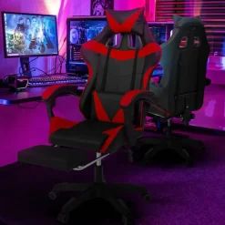 Fauteuil gamer réglable et inclinable avec repose pied et coussins noir et rouge