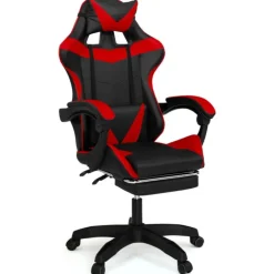 Fauteuil gamer réglable et inclinable avec repose pied et coussins noir et rouge
