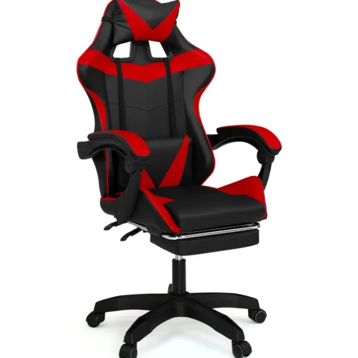 Fauteuil gamer réglable et inclinable avec repose pied et coussins noir et rouge
