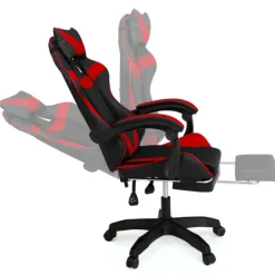 Fauteuil gamer réglable et inclinable avec repose pied et coussins noir et rouge