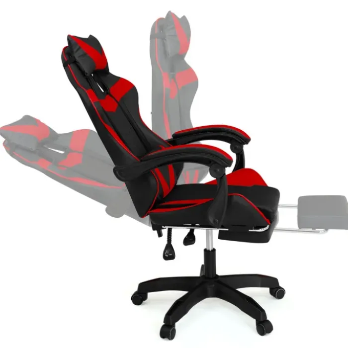 Fauteuil gamer réglable et inclinable avec repose pied et coussins noir et rouge