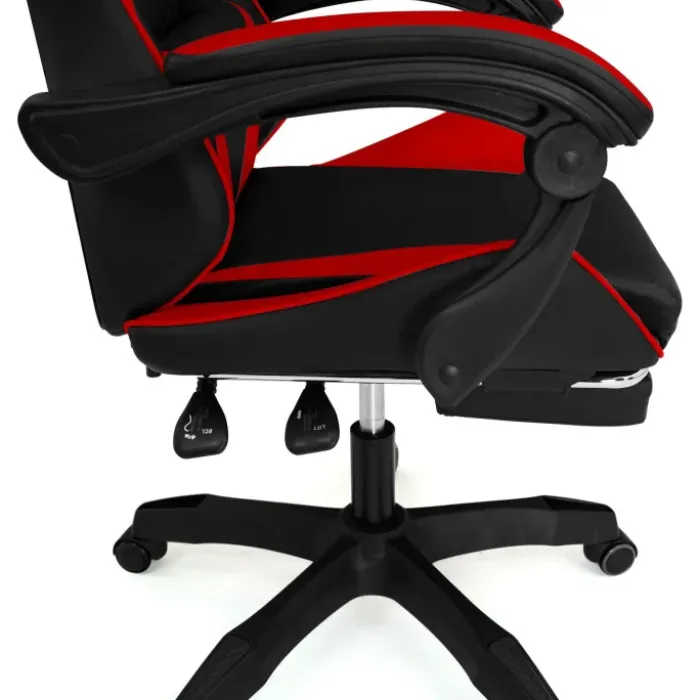 Fauteuil gamer réglable et inclinable avec repose pied et coussins noir et rouge