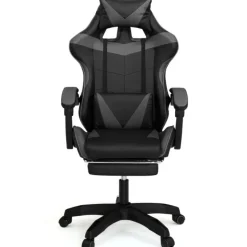Fauteuil gamer réglable et inclinable avec repose-pied et coussins noir et gris