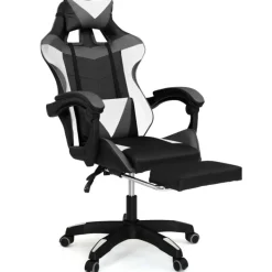 Fauteuil gamer réglable, inclinable avec repose-pied et coussins noir, blanc et gris