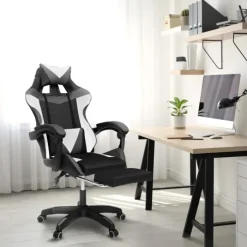 Fauteuil gamer réglable, inclinable avec repose-pied et coussins noir, blanc et gris