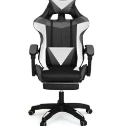 Fauteuil gamer réglable, inclinable avec repose-pied et coussins noir, blanc et gris