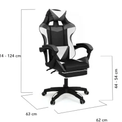 Fauteuil gamer réglable, inclinable avec repose-pied et coussins noir, blanc et gris