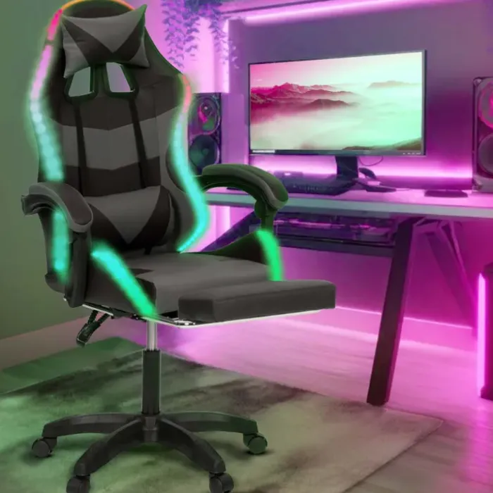 Fauteuil gaming LED noir et gris avec repose-pied, coussin tête + lombaire