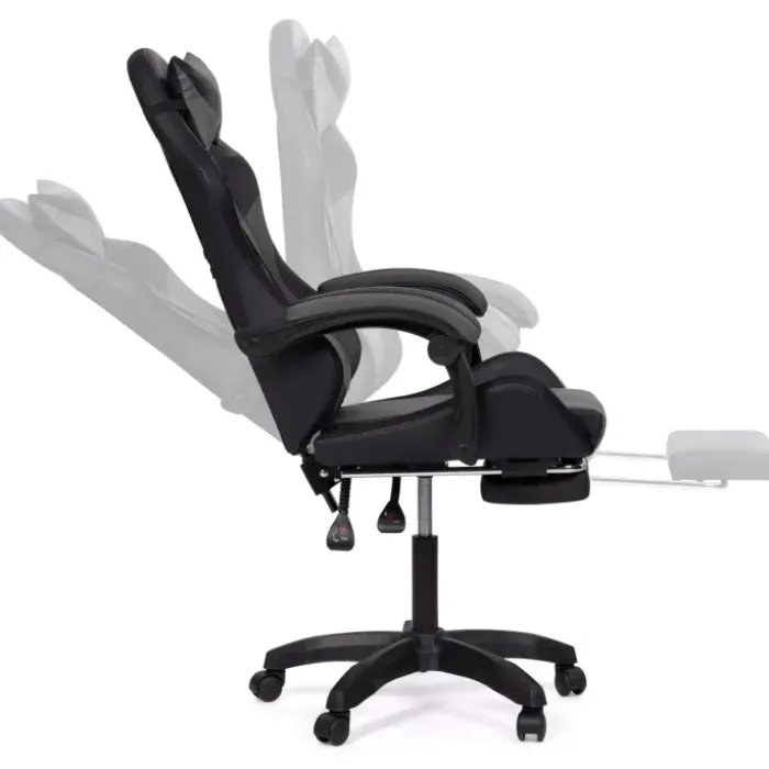 Fauteuil gaming LED noir et gris avec repose-pied, coussin tête + lombaire
