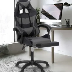 Fauteuil gaming LED noir et gris avec repose-pied, coussin tête + lombaire