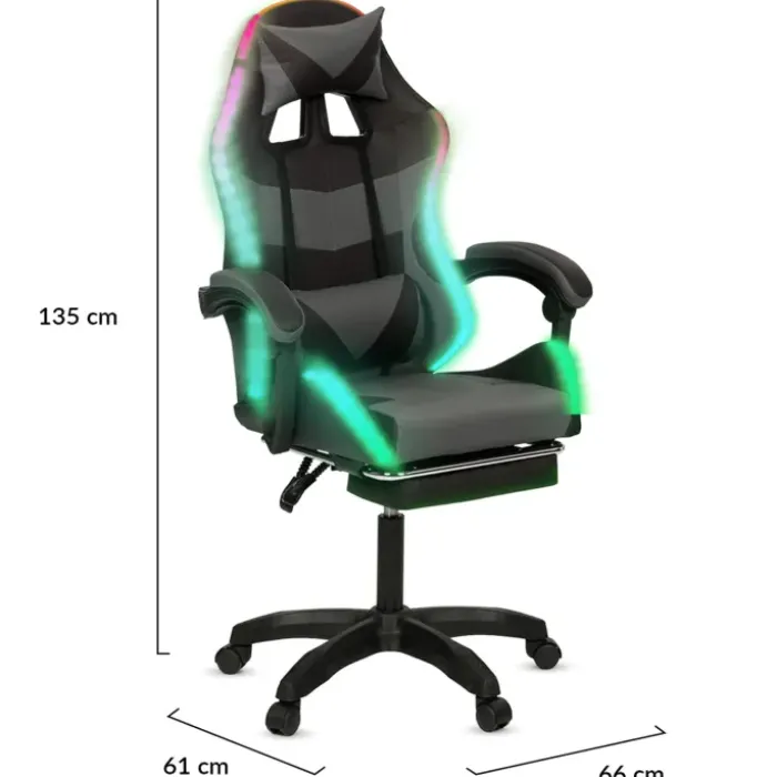 Fauteuil gaming LED noir et gris avec repose-pied, coussin tête + lombaire