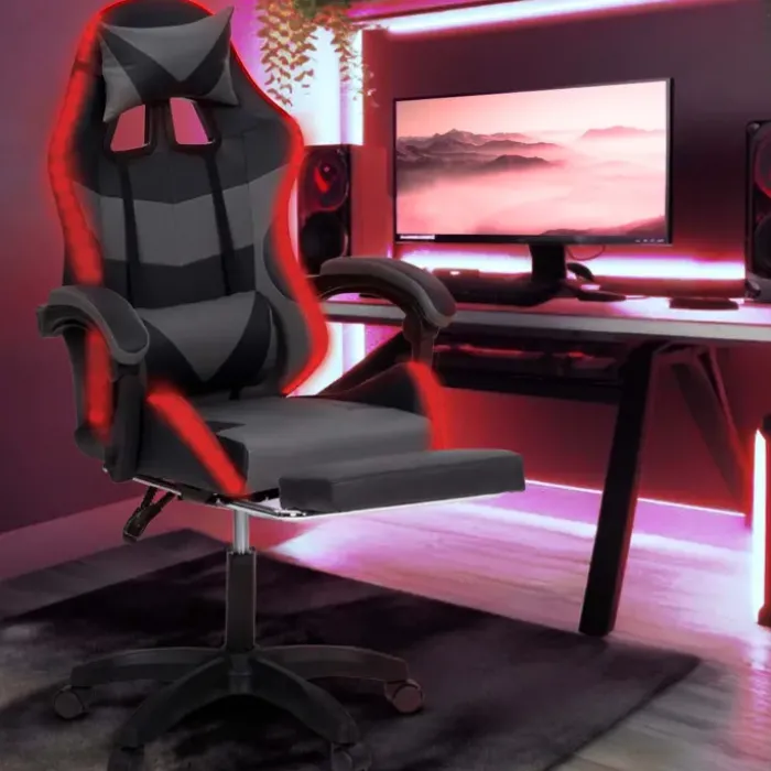 Fauteuil gaming LED noir et gris avec repose-pied, coussin tête + lombaire