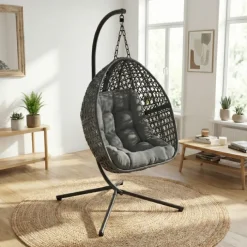 Fauteuil lune suspendu avec coussins gris