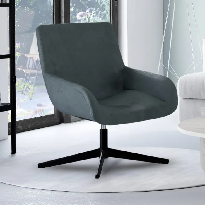 Fauteuil pivotant gris en velours et pieds noirs