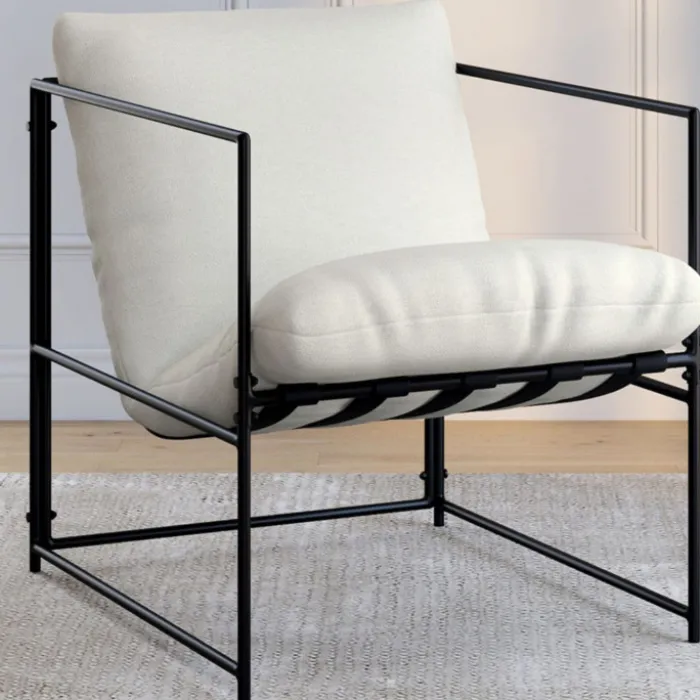 Fauteuil rembourré structure métal et coussin blanc