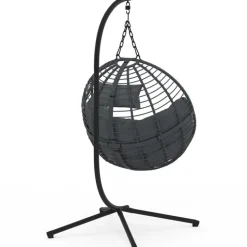 Fauteuil rond suspendu ajouré effet rotin gris avec coussin gris