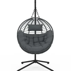 Fauteuil rond suspendu ajouré effet rotin gris avec coussin gris