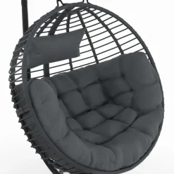 Fauteuil rond suspendu ajouré effet rotin gris avec coussin gris
