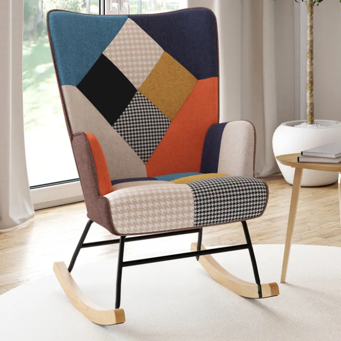Fauteuil scandinave en tissu à bascule patchwork multicouleurs