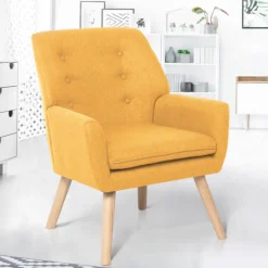 Fauteuil scandinave en tissu jaune moutarde
