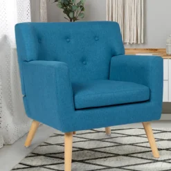 Fauteuil scandinave en tissu bleu canard