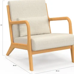 Fauteuil scandinave en tissu beige accoudoirs et pieds bois