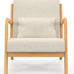 Fauteuil scandinave en tissu beige accoudoirs et pieds bois
