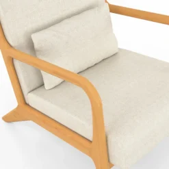 Fauteuil scandinave en tissu beige accoudoirs et pieds bois