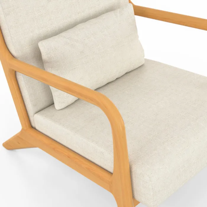 Fauteuil scandinave en tissu beige accoudoirs et pieds bois