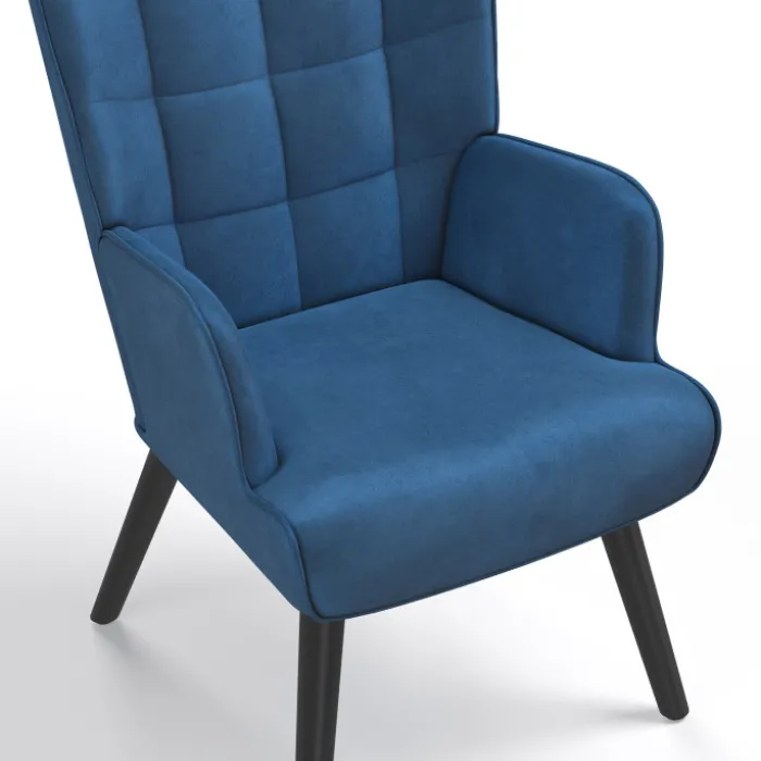 Fauteuil scandinave en velours bleu avec repose-pieds