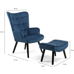 Fauteuil scandinave en velours bleu avec repose-pieds