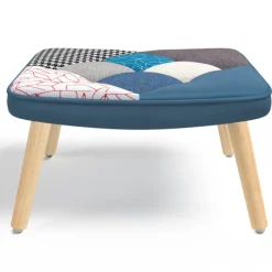 Fauteuil scandinave velours bleu et patchwork avec repose pied