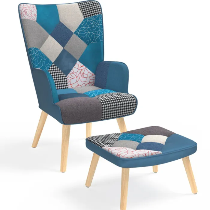 Fauteuil scandinave velours bleu et patchwork avec repose pied