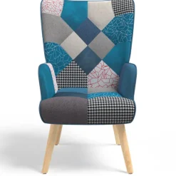Fauteuil scandinave velours bleu et patchwork avec repose pied