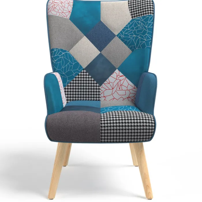 Fauteuil scandinave velours bleu et patchwork avec repose pied