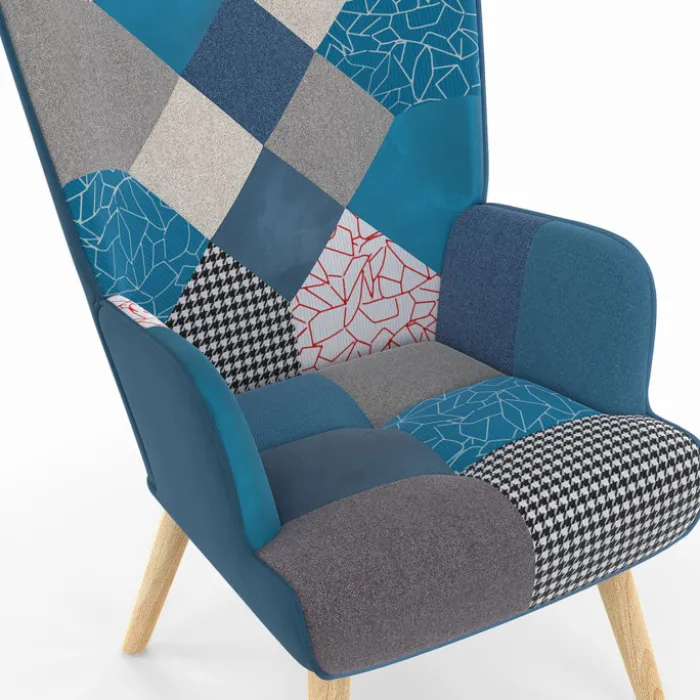 Fauteuil scandinave velours bleu et patchwork avec repose pied