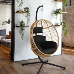 Fauteuil œuf suspendu effet rotin avec coussins noir