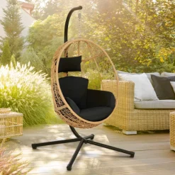 Fauteuil œuf suspendu effet rotin avec coussins noir