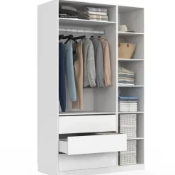 Grand dressing modulable blanc 200 cm avec 1 penderie, 7 étagères et 3 tiroirs