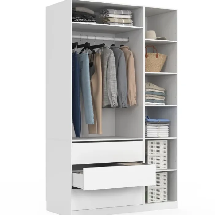 Grand dressing modulable blanc 200 cm avec 1 penderie, 7 étagères et 3 tiroirs