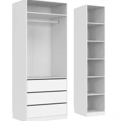 Grand dressing modulable blanc 200 cm avec 1 penderie, 7 étagères et 3 tiroirs