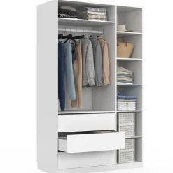 Grand dressing modulable blanc 200 cm avec 1 penderie, 7 étagères et 3 tiroirs